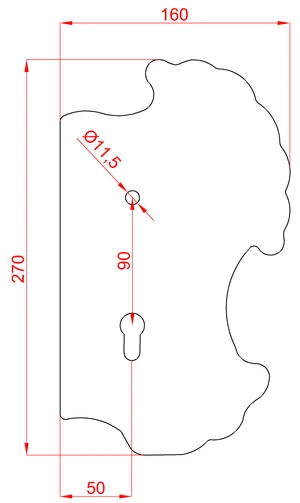 DOPREDAJ! Štít 270x160x3mm s otvormi, rozteč 90mm, otvor pre kľučku ø 11,5mm, zdobený, pravý, pre zámok ZM90/80 - slide 1