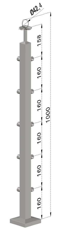 Nerezový sloup, vrchní kotvení, 5 řadový rohový, vrch pevný, (40x40 mm), broušená nerez K320 / AISI304