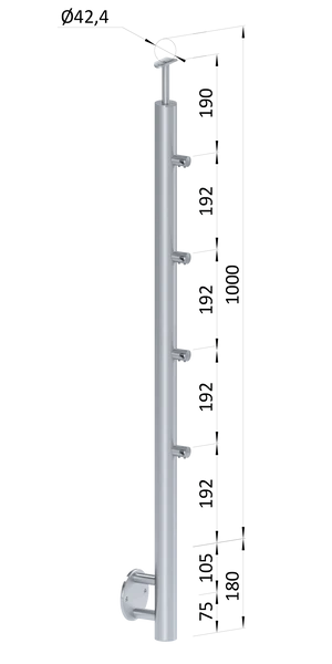 nerezový stĺp, bočné kotvenie, 4 radový priechodný, vonkajší, vrch pevný, (ø 42.4x2mm), brúsená nerez K320 /AISI304 - slide 0