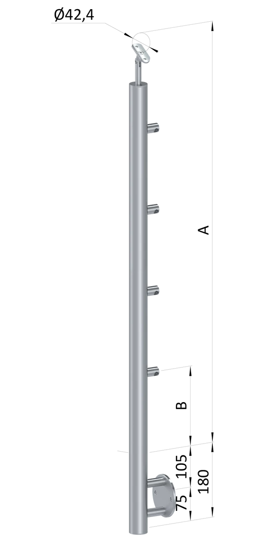 nerezový stĺp, bočné kotvenie, 4 radový priechodný, vnútorný, vrch nastaviteľný (ø 42.4x2mm), leštená nerez /AISI304