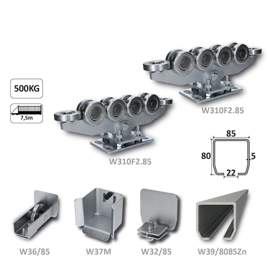 Samonosný systém 80x85x5 mm pro posuvné brány do 500 kg / 7,5 m průjezd (W39/8085Zn 6 m pozinkovaný profil, 2x W310F2.85, 1x W36/85, 1x W37M, 1x W32/85)