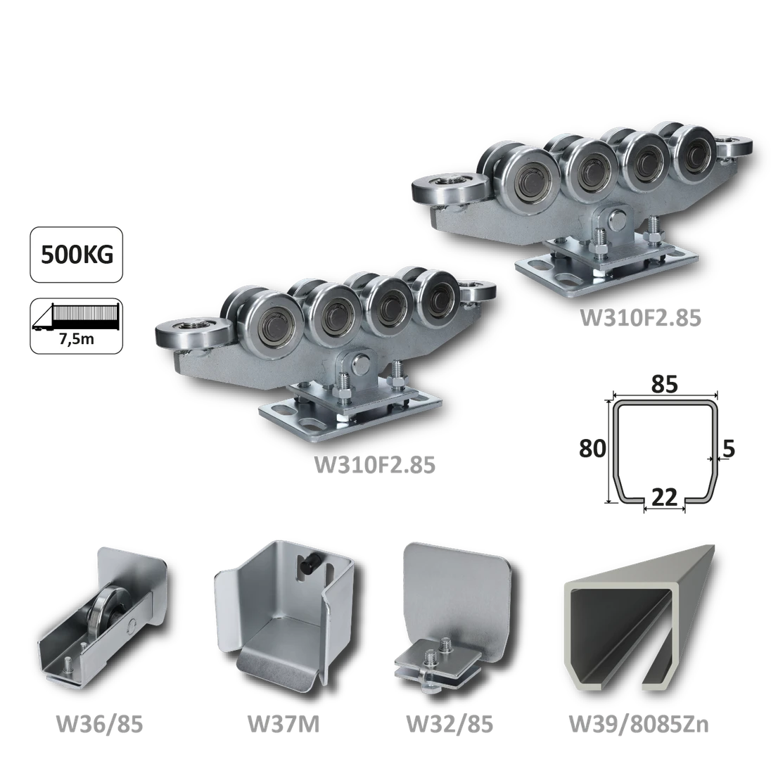 samonosný systém 80x85x5mm posuvnej brány do 500kg/7.5m otvor (W39/8085Zn 6m pozinkovaný profil, 2x W310F2.85, 1x W36/85, 1x C397M, 1x W32/85)