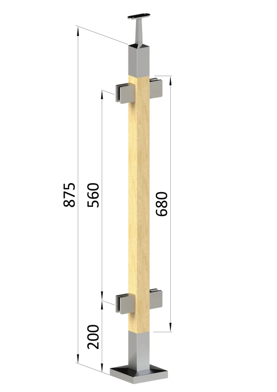 drevený stĺp, vrchné kotvenie, výplň: sklo, priechodný, vrch pevný (40x40mm), materiál: buk, brúsený povrch s náterom BORI (bezfarebný)