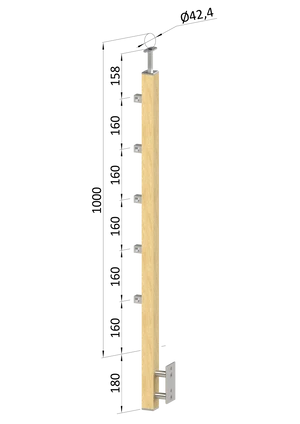 dřevěný sloup, boční kotvení, 5 řadový, průchozí, vnější, vrch pevný (40x40mm), materiál: buk, broušený povrch bez nátěru - slide 0