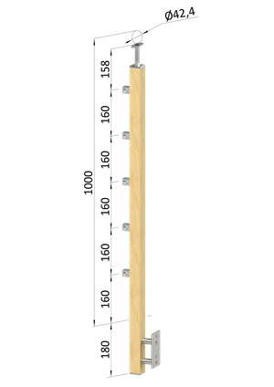 dřevěný sloup, boční kotvení, 5 řadový, průchozí, vnější, vrch pevný (40x40mm), materiál: buk, broušený povrch bez nátěru - slide 0