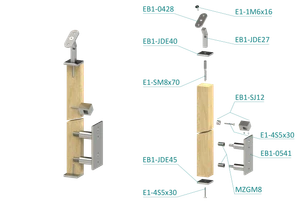 dřevěný sloup, boční kotvení, 4 řadový, průchozí, vnitřní, vrch nastavitelný, (40x40mm), materiál: buk, broušený povrch bez nátěru - slide 1