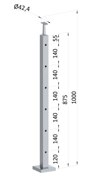 Nerezový sloup, vrchní kotvení, 6 děrový koncový, vrch pevný (40x40 mm), broušená nerez K320 / AISI304 - slide 0