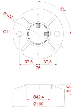 Nerezový sloup, vrchní kotvení, bez výplně, 6 řadový se závitem M6, rohový: 90°, vrch pevný (ø 42.4x2mm), broušená nerez K320 /AISI304 - slide 3