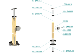 drevený stĺp, vrchné kotvenie, výplň: sklo, pravý, vrch pevný (ø 42mm), materiál: buk, brúsený povrch s náterom BORI (bezfarebný) - slide 2