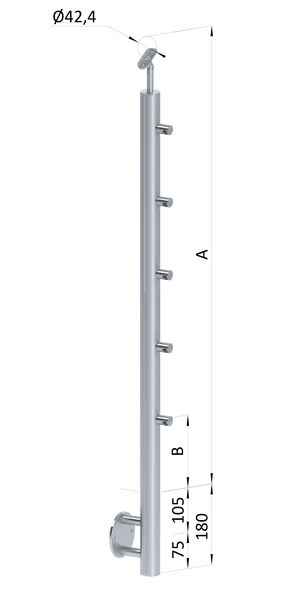nerezový stĺp, bočné kotvenie, 5 radový priechodný, vonkajší, vrch nastaviteľný, (ø 42.4x2mm) brúsená nerez K320 /AISI304 - slide 0
