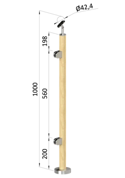 Dřevěný sloup, vrchní kotvenie, výplň: sklo, levý, vrch nastavitelný (ø42 mm), materiál: buk, broušený povrch bez nátěru