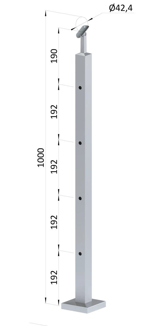 Nerezový sloup, vrchní kotvení, 4 děrový průchodný, vrch nastavitelný, (40x40 mm), broušená nerez K320 / AISI304