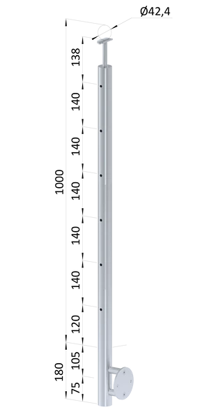 nerezový stĺp, bočné kotvenie, 6 dierový koncový na lanko, vrch pevný (ø 42.4x2mm), brúsená nerez K320 /AISI304 - slide 0