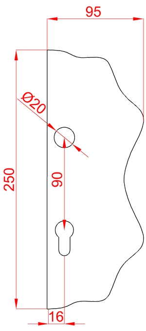 Štít 250x95x3mm s otvormi, rozteč 90mm, otvor pre kľučku ø 20mm, ozdobný, pravý, pre zámok ZM90/80 - slide 1