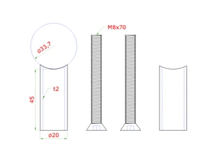 Přechod na vymezení vzdálenosti mezi sloupem ø 33,7 mm a kotevní deskou, ø 20x2,0 mm /L:45 mm, vnitřní šroub: M8x70 mm, broušená nerez K320 / AISI304, bal: 2ks - slide 1