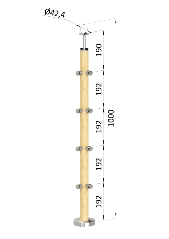 drevený stĺp, vrchné kotvenie, 4 radový, rohový: 90°, vrch pevný (ø 42mm), materiál: buk, brúsený povrch s náterom BORI (bezfarebný)