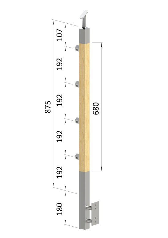 drevený stĺp, bočné kotvenie, 4 radový, priechodný, vonkajší, vrch nastaviteľný (40x40mm), materiál: buk, brúsený povrch s náterom BORI (bezfarebný)
