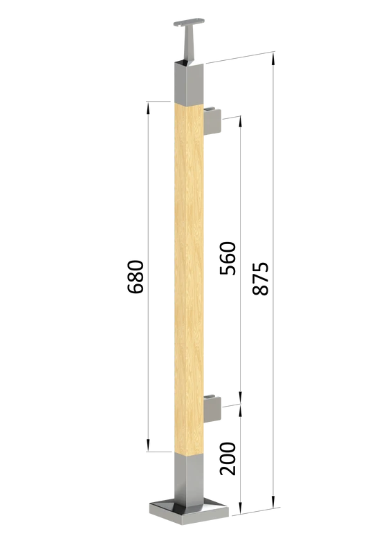 dřevěný sloup, vrchní kotvení, výplň: sklo, pravý, vrch pevný (40x40mm), materiál: buk, broušený povrch s nátěrem BORI (bezbarvý)