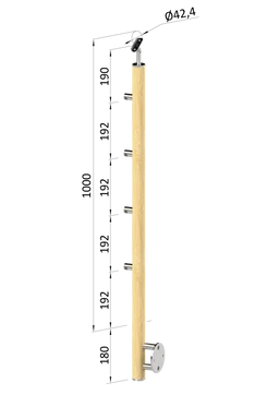 Dřevěný sloup, boční kotvení, 4 řadový, průchozí, vnější, vrch nastavitelný (ø 42mm), materiál: buk, broušený povrch s nátěrem BORI (bezbarvý)
