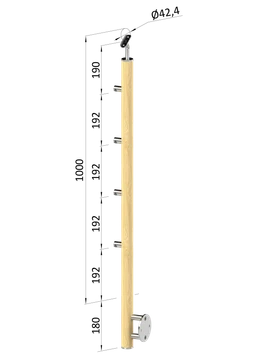 Dřevěný sloup, boční kotvení, 4 řadový, průchozí, vnější, vrch nastavitelný (ø 42mm), materiál: buk, broušený povrch s nátěrem BORI (bezbarvý)