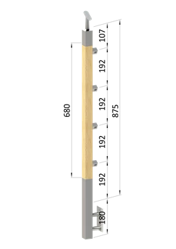 Dřevěný sloup, boční kotvení, 4 řadový, průchozí, vnitřní, vrch nastavitelný (40x40mm), materiál: buk, broušený povrch bez nátěru