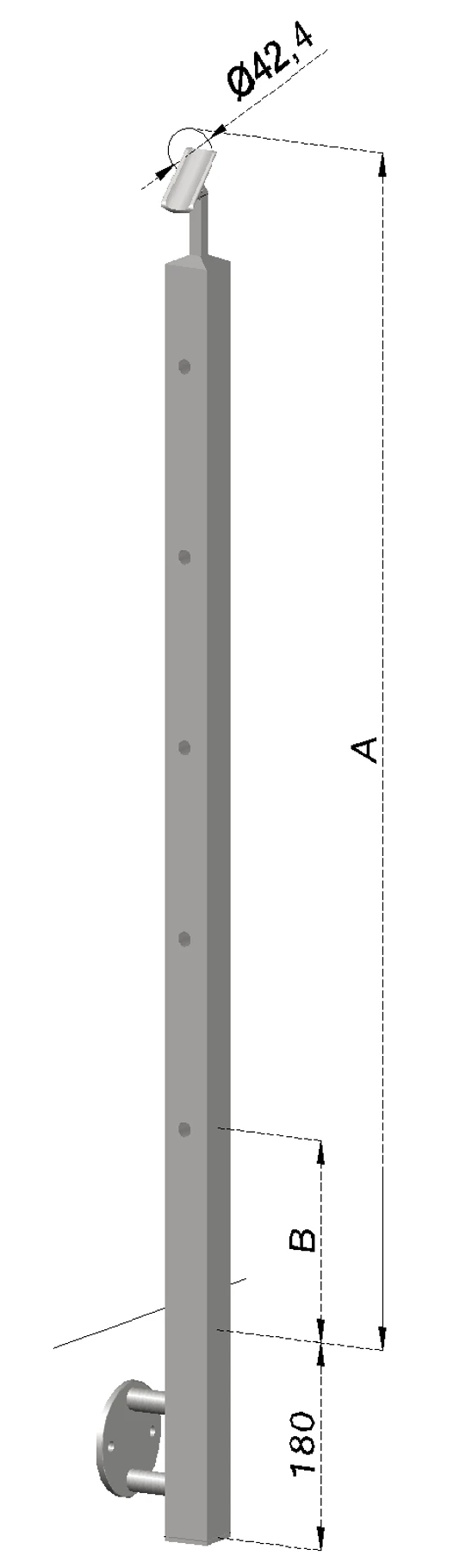 Nerezový sloup, boční kotvení, 5 děrový koncový, levý, vrch nastavitelný, (40x40 mm), broušená nerez K320 / AISI304