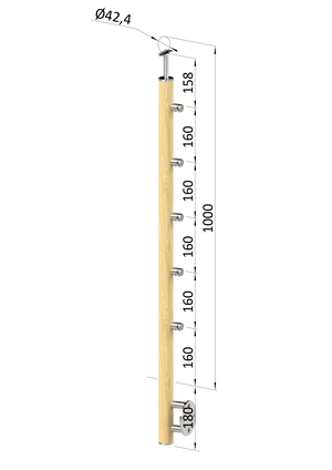 dřevěný sloup, boční kotvení, 5 řadový, průchozí, vnitřní, vrch pevný (ø 42mm), materiál: buk, broušený povrch bez nátěru - slide 0