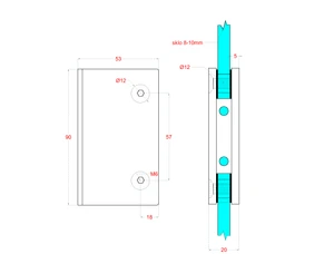 Držák na skleněný dveřní systém, mezi stěnu a sklo, 90x53mm, tloušťka skla 8-10mm, leštěná nerez AISI304 - slide 4