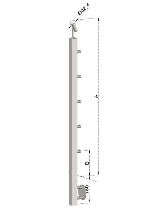 nerezový stĺp, bočné kotvenie, 5 radový priechodný, vnútorný, vrch nastaviteľný (40x40mm), brúsená nerez K320 /AISI304