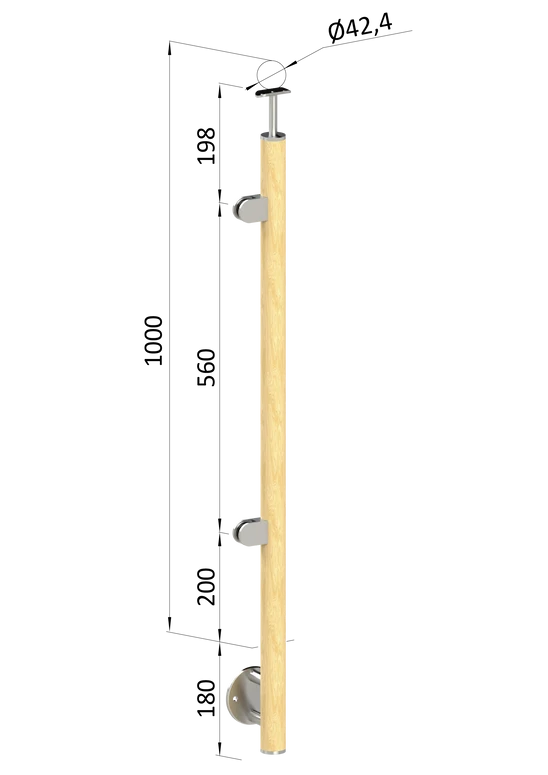 drevený stĺp, bočné kotvenie, výplň: sklo, ľavý, vrch pevný (ø 42mm), materiál: buk, brúsený povrch bez náteru