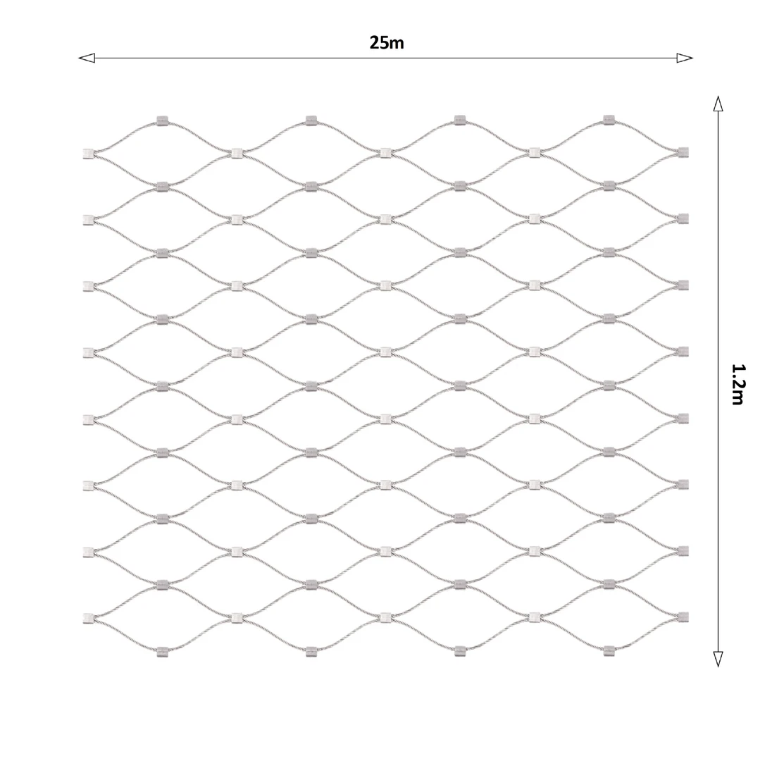 Nerezová lanková síť, 1,2m x 25m (šxd), oko 60x104 mm, tloušťka lanka 2mm, AISI316 (V nerozloženém stavu má síť 29,8m)