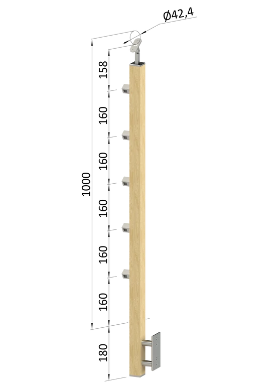 drevený stĺp, bočné kotvenie, 5 radový, priechodný, vonkajší, vrch nastaviteľný (40x40mm), materiál: buk, brúsený povrch bez náteru