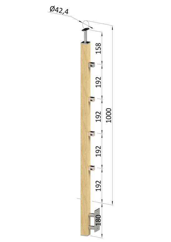 drevený stĺp, bočné kotvenie, 4 radový, priechodný, vnútorný, vrch pevný (40x40mm), materiál: buk, brúsený povrch bez náteru