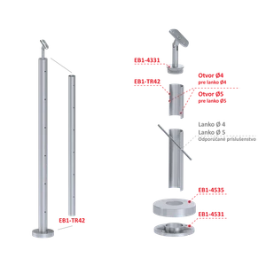 nerezový stĺp, vrchné kotvenie, 6 dierový na lanko, priechodný, vrch nastaviteľný (ø 42.4x2mm) brúsená nerez K320 /AISI304 - slide 2