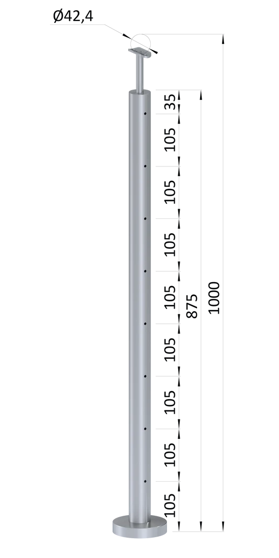 Nerezový sloup, vrchní kotvení, 8 děrový na lanko, průchozí, vrch pevný (ø 42.4x2mm), broušená nerez K320 /AISI304
