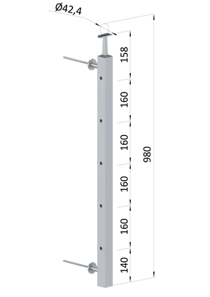 Nerezový sloup na francouzský balkón, boční kotvení, 5 dírový, průchozí, vrch pevný, (40x40x2.0 mm), broušená nerez K320 /AISI304 - slide 0