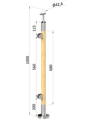drevený stĺp, vrchné kotvenie, výplň: sklo, ľavý, vrch pevný (ø 42mm), materiál: buk, brúsený povrch s náterom BORI (bezfarebný) - slide 0
