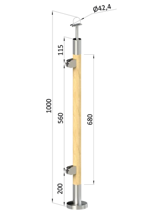 drevený stĺp, vrchné kotvenie, výplň: sklo, ľavý, vrch pevný (ø 42mm), materiál: buk, brúsený povrch s náterom BORI (bezfarebný) - slide 0