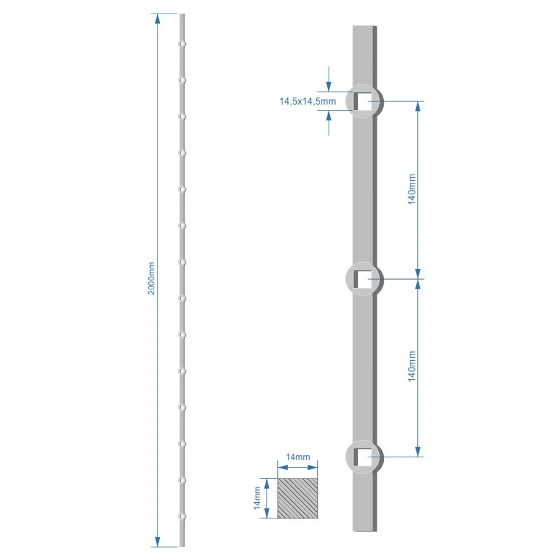 tyč 2m opieskovaná, profil 14mm, rozteč 140mm, oko 14,5mm