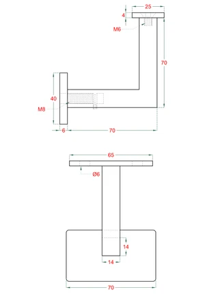 Držák madla na stěnu pevný, se závitem M8, (plochý, L: 70x70 mm, kotevní deska: 70x40 mm), broušená nerez K320 /AISI304 - slide 3