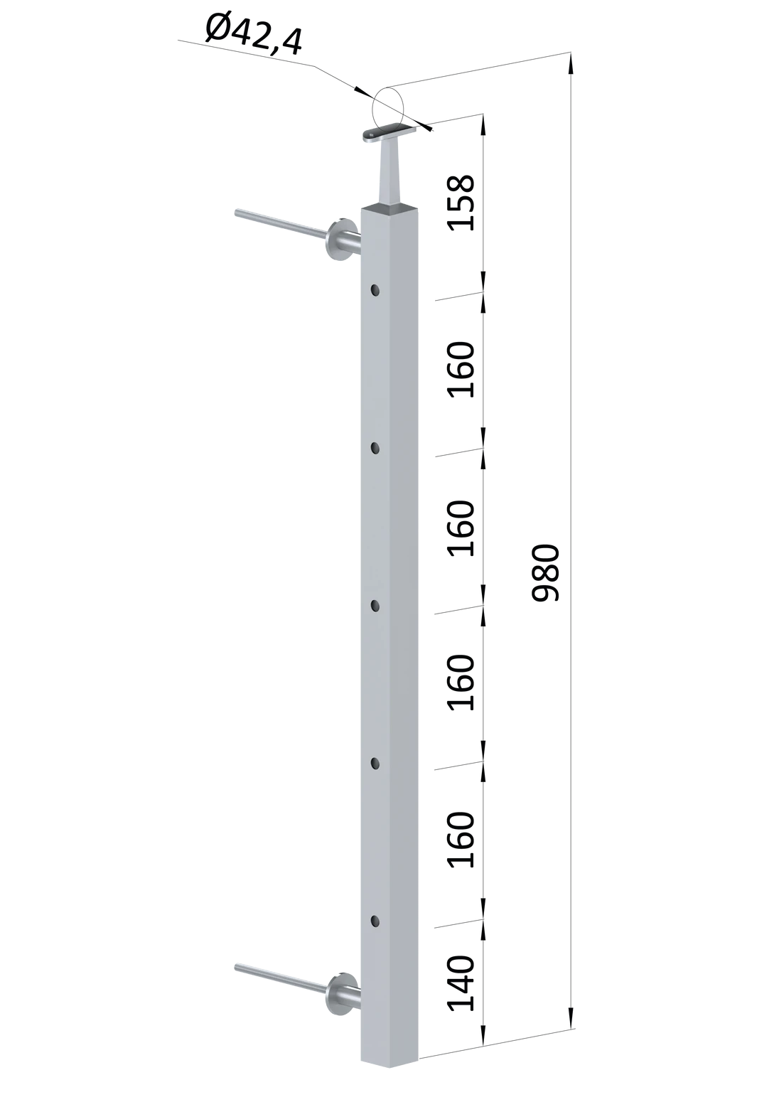 Nerezový sloup na francouzský balkón, boční kotvení, 5 dírový, průchozí, vrch pevný, (40x40x2.0 mm), broušená nerez K320 /AISI304