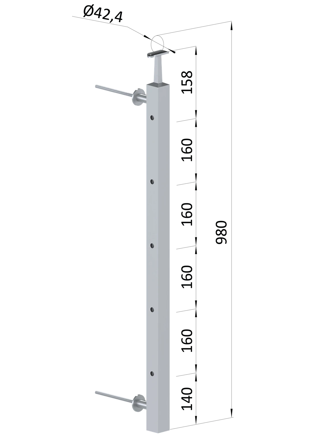 Nerezový sloup na francouzský balkón, boční kotvení, 5 dírový, průchozí, vrch pevný, (40x40x2.0 mm), broušená nerez K320 /AISI304