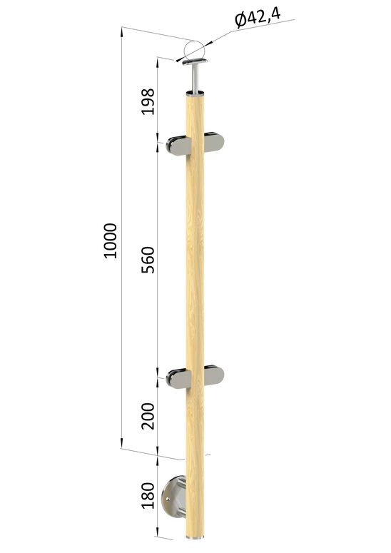 drevený stĺp, bočné kotvenie, výplň: sklo, priechodný, vrch pevný (ø 42mm), materiál: buk, brúsený povrch s náterom BORI (bezfarebný)