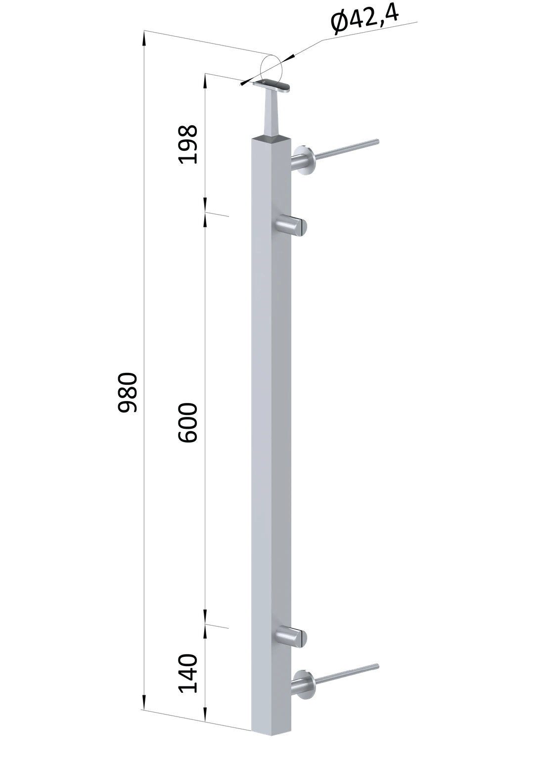 Nerezový sloup fr. balkon, boční kotvení, výplň: sklo, pravý