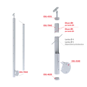 nerezový stĺp, bočné kotvenie, 6 dierový priechodný na lanko, vrch nastaviteľný, (ø 42.4x2mm), brúsená nerez K320 /AISI304 - slide 2