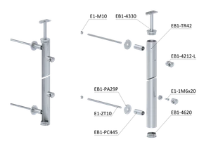 Nerezový sloup na francouzsky balkón, boční kotvení, 5 řadový levý, vnější, vrch pevný, (ø 42.4x2 mm), broušená nerez K320 /AISI304 - slide 3