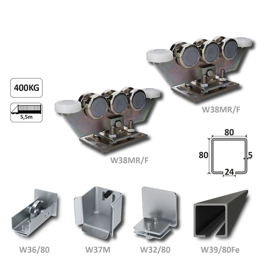 Samonosný systém 80x80x5 mm pro posuvné brány do 400 kg / 5,5 m průjezd (W39/80Fe 6 m černý profil, 2x W38MR/F, 1x W36/80, 1x W37/M, 1x W32/80)