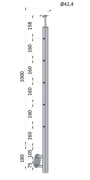 nerezový stĺp, bočné kotvenie, 5 dierový koncový, ľavý, vrch pevný (ø 42.4x2mm), brúsená nerez K320 /AISI304 - slide 0