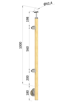 Dřevěný sloup, boční kotvení, výplň: sklo, levý, vrch pevný (ø42 mm), materiál: buk, broušený povrch s nátěrem BORI (bezbarvý) - slide 0