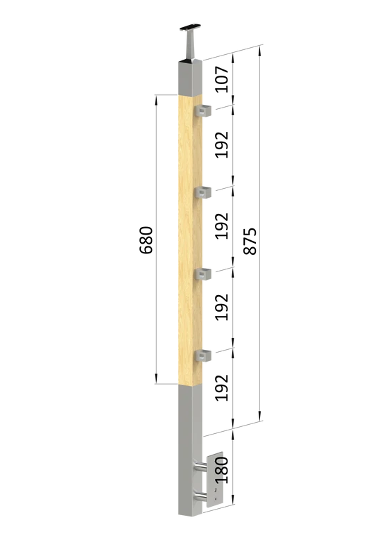 Dřevěný sloup, boční kotvení, 4 řadový, průchozí, vnitřní, vrch pevný (40x40 mm), materiál: buk, broušený povrch bez nátěru